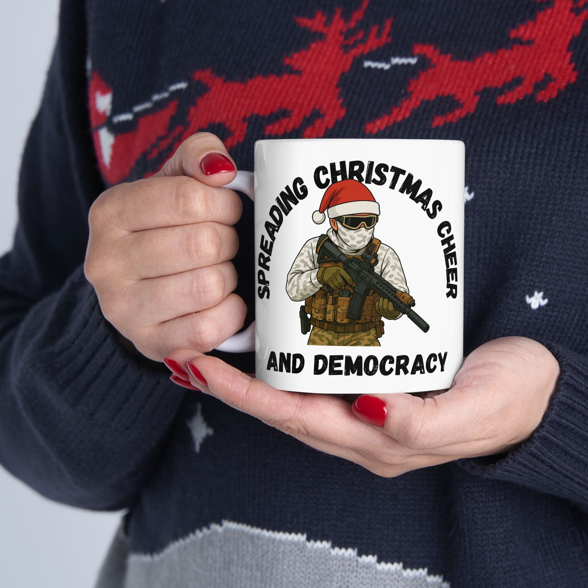 Ceramic Mug - 'Spreading Christmas Cheer and Democracy' Festive Owl Holiday Coffee Cup (11oz, 15oz)