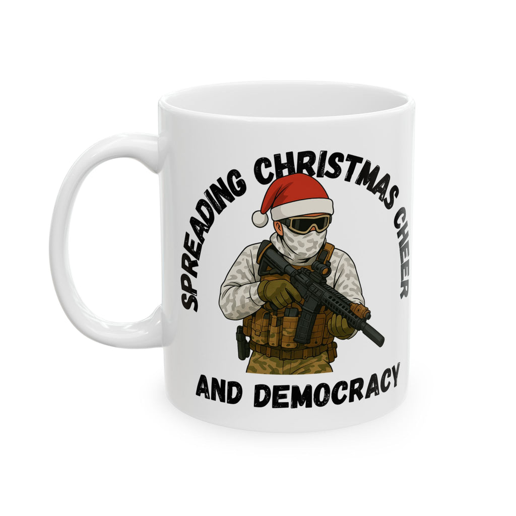 Ceramic Mug - 'Spreading Christmas Cheer and Democracy' Festive Owl Holiday Coffee Cup (11oz, 15oz)