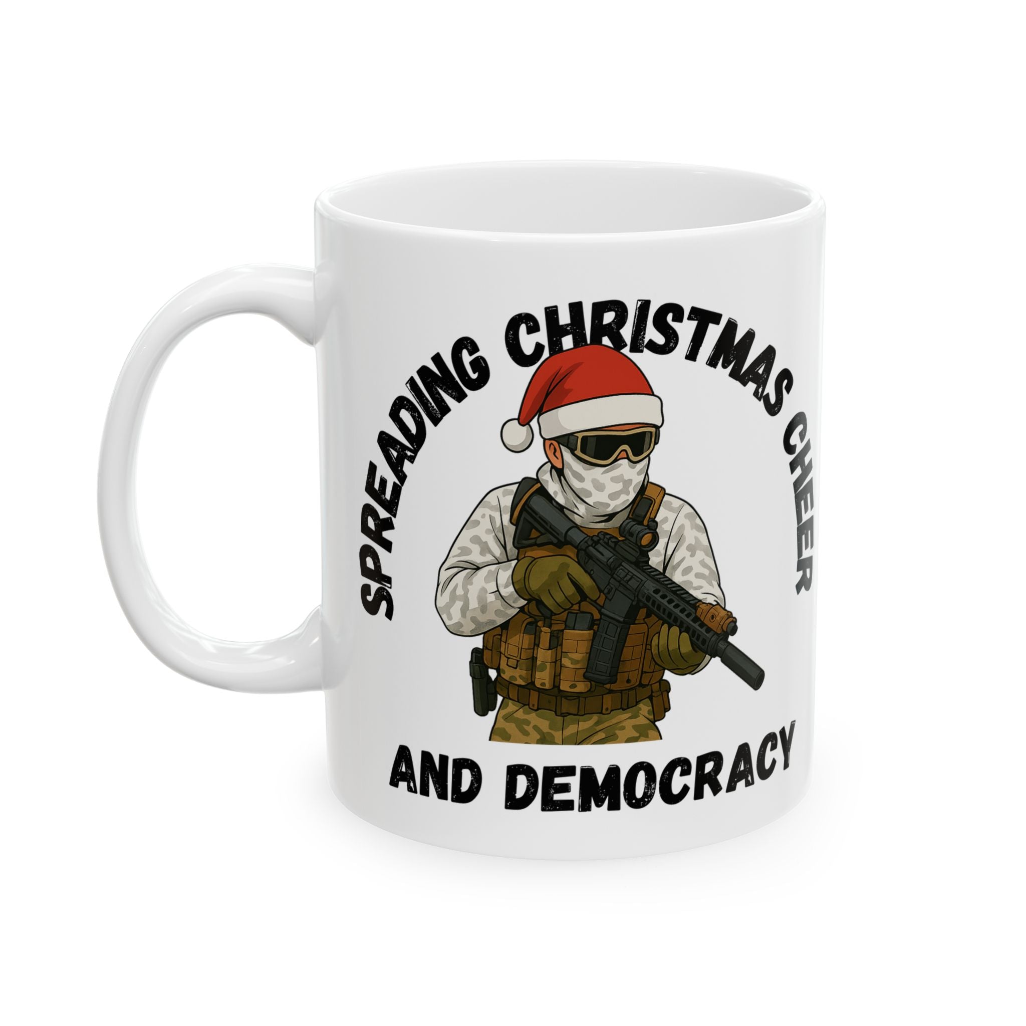 Ceramic Mug - 'Spreading Christmas Cheer and Democracy' Festive Owl Holiday Coffee Cup (11oz, 15oz)