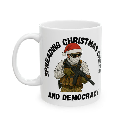 Ceramic Mug - 'Spreading Christmas Cheer and Democracy' Festive Owl Holiday Coffee Cup (11oz, 15oz)